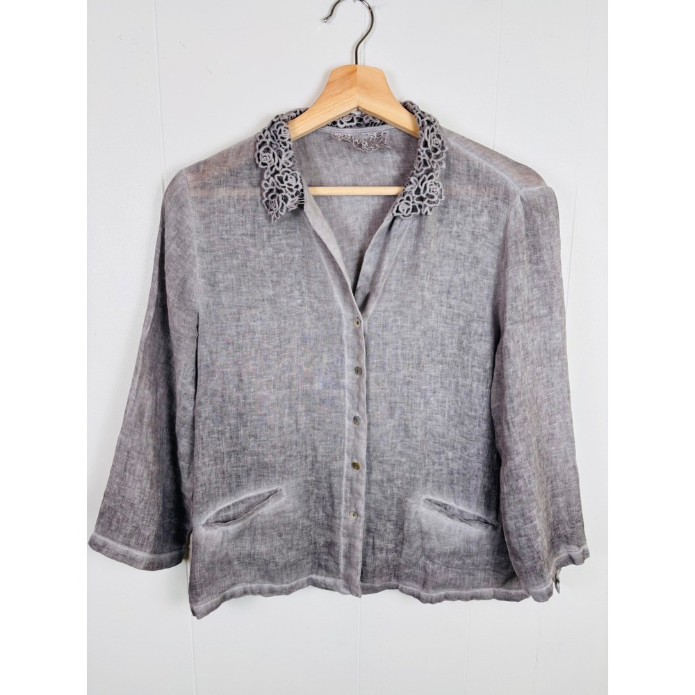 Hass‎ Size Medium Woven Cotton Button-Down Top Crochet Collar 3/4 Sleeve Gray